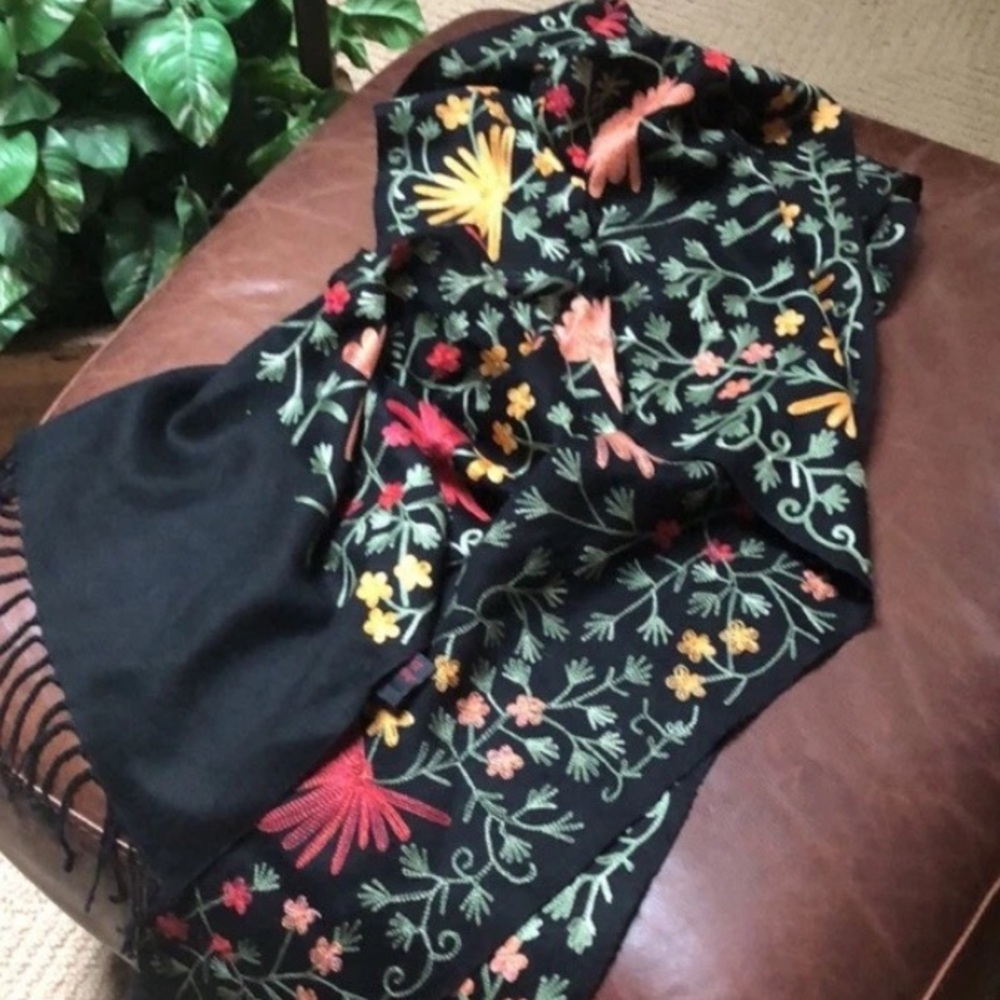 New! Asian Eye Colorful Embroidered 100% Wool Women’s Scarf Made in India